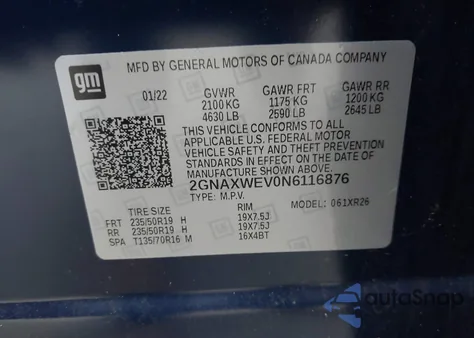 2022 Chevrolet Equinox Awd Rs z USA, uszkodzony, nr VIN 2GNAXWEV0N6116876